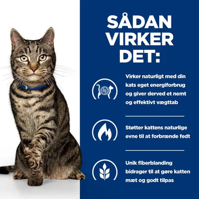 SÅDAN VIRKER DET: Virker naturligt med din kats eget energiforbrug og giver derved et nemt og effektivt vægttab. Støtter kattens naturlige evne til at forbrænde fedt. Unik fiberblanding bidrager til at gøre katten mæt og godt tilpas.