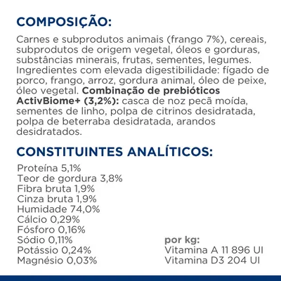 Composição: carnes e subprodutos animais (frango 7%), cereais, óleos, minerais, frutas, sementes. Constituintes analíticos: proteína 5,1 %, gordura 3,8 %, fibra 1,9 %, cálcio 0,29 %.