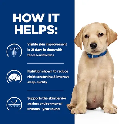 HOW IT HELPS: Visible skin improvement in 21 days in dogs with food sensitivities. Nutrition shown to reduce night scratching & improve sleep quality. Supports the skin barrier against environmental irritants - year round.