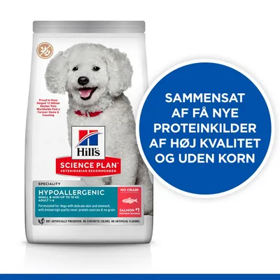 Hill's Science Plan Hypoallergenic hundefoder, NO GRAIN, SALMON #1 PROTEIN SOURCE. Tekst: Sammensat af få nye proteinkilder af høj kvalitet og uden korn.