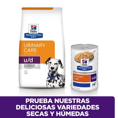 Hill's Prescription Diet Urinary Care u/d para perros, pienso seco y comida húmeda. Texto: Prueba nuestras deliciosas variedades secas y húmedas.