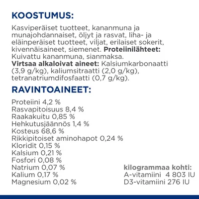Koostumus: kasvipohjaiset tuotteet, kananmunat, öljyt, lihat, viljat, siemenet. Ravintoaineet: proteiini 4,2 %, rasva 8,4 %, kuitu 0,85 %, kosteus 68,6 %. A-vitamiini 4803 IU/kg, D3 276 IU/kg.