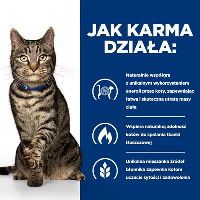 Jak karma działa: naturalnie współgra z unikalnym wykorzystaniem energii przez koty, wspiera spalanie tkanki tłuszczowej, mieszanka błonnika zapewnia sytość i zadowolenie kota.