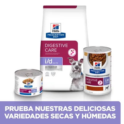 Hill's Prescription Diet Digestive Care i/d low fat para perros, variedades seca y húmeda. Texto: Prueba nuestras deliciosas variedades secas y húmedas.