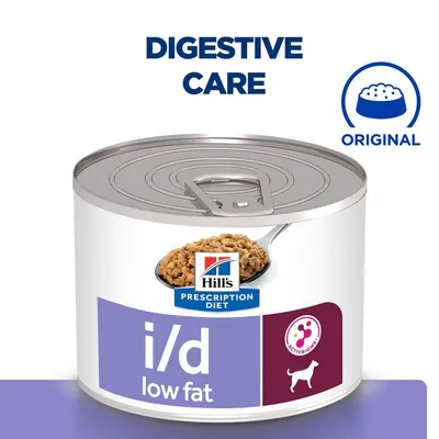 Hill's Prescription Diet i/d low fat консервирана храна за кучета, надпис DIGESTIVE CARE, икона ORIGINAL, изображение на храната и лого ACTIVBIOME.
