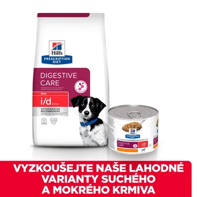 Hill's Prescription Diet Digestive Care MINI i/d stress suché a mokré krmivo pre psov. Text: Vyskúšajte naše lahodné varianty suchého a mokrého krmiva.