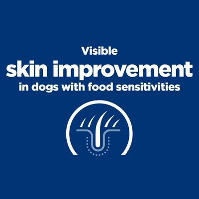 Visible skin improvement in dogs with food sensitivities felirat, stilizált bőr és szőr grafika. Az angol szöveg nem magyar nyelvű.