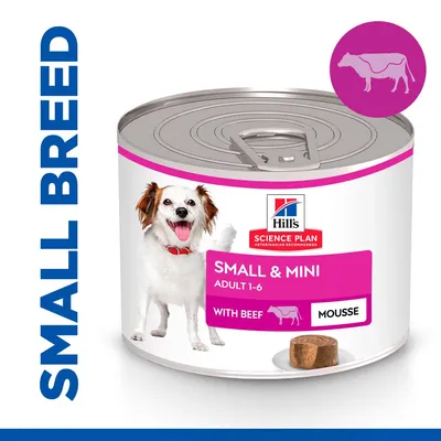 Tin labelled for small and mini adult 1-6, with beef mousse. Includes image of a small dog, beef icon, and text 'SMALL BREED' on the side.