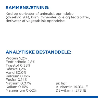 Sammensætning: kød og derivater af animalsk oprindelse (oksekød 9 %), korn, mineraler, olie og fedtstoffer, vegetabilske derivater. Analytiske bestanddele: protein 5,2 %, fedt 2,8 %, vand 80 %.