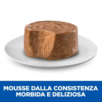 Mousse per animali su piatto bianco, con una porzione mancante. Testo visibile: Mousse dalla consistenza morbida e deliziosa.