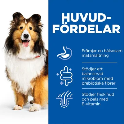 HUVUDFÖRDELAR: Främjar en hälsosam matsmältning. Stödjer ett balanserad mikrobiom med prebiotiska fibrer. Stödjer frisk hud och päls med E-vitamin.