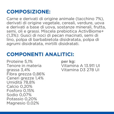Composizione: carne e derivati animali (tacchino 7%), vegetali, cereali, verdure, uova, frutta, semi. Componenti analitici: proteine 5,1%, grassi 3,4%, umidità 78,8%, vitamina A 13.911 UI/kg.