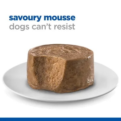 Savoury mousse, dogs can't resist. Image shows a portion of mousse pet food on a plate with a bite taken out.