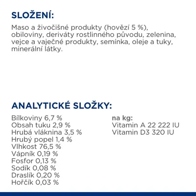 Složení: maso a živočišné produkty (hovězí 5 %), obiloviny, zelenina, vejce, semínka, oleje, minerální látky. Analytické složky: bílkoviny 6,7 %, tuk 2,9 %, vláknina 3,5 %, vitamín A 22 222 IU, D3 320 IU.