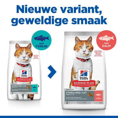 Hill's Science Plan Sterilised Cat Adult 1-6 kattenvoer, nieuwe variant met zalm. Vergelijking met eerdere variant met tonijn. Tekst: Nieuwe variant, geweldige smaak.
