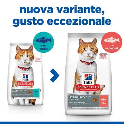Hill's Science Plan Sterilised Cat Adult 1–6, nuova variante gusto salmone. Immagine delle confezioni con indicazioni: con tonno e con salmone. Testo: nuova variante, gusto eccezionale.