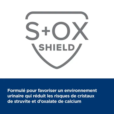 S+OX SHIELD. Formulé pour favoriser un environnement urinaire qui réduit les risques de cristaux de struvite et d’oxalate de calcium.