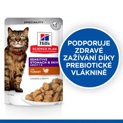 Hill's Science Plan Sensitive Stomach & Skin Adult 1–6 with Turkey, chunks & gravy. Podporuje zdravé zažívání díky prebiotické vláknině.