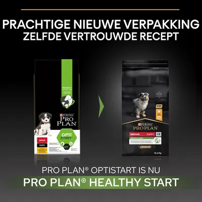 Pro Plan Optistart hondenvoer krijgt nieuwe verpakking en heet nu Pro Plan Healthy Start. Zelfde vertrouwde recept, medium puppy variant zichtbaar op beide verpakkingen.