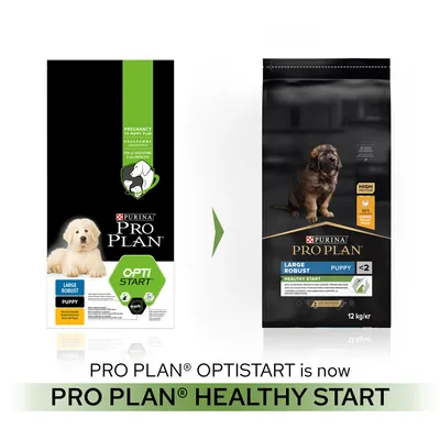 Förpackningsändring: Purina Pro Plan OptiStart Large Robust Puppy blir Pro Plan Healthy Start Large Robust Puppy. Båda förpackningarna visas med synliga logotyper och produktnamn.