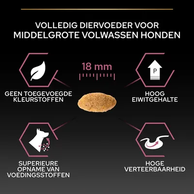Volledig diervoeder voor middelgrote volwassen honden, brok van 18 mm. Geen toegevoegde kleurstoffen, hoog eiwitgehalte, superieure opname van voedingsstoffen, hoge verteerbaarheid.