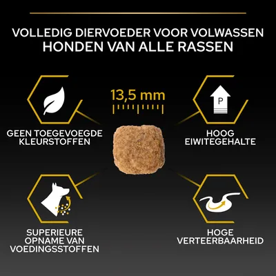 Volledig diervoeder voor volwassen honden van alle rassen, brok 13,5 mm. Geen toegevoegde kleurstoffen, hoog eiwitgehalte, superieure opname van voedingsstoffen, hoge verteerbaarheid.