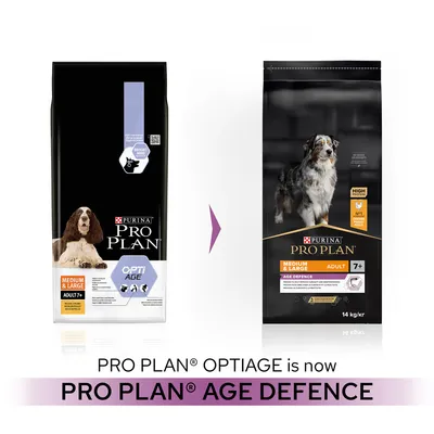 Συσκευασίες Purina Pro Plan για σκύλους Medium & Large Adult 7+, αλλαγή ονόματος από OptiAge σε Age Defence. Εμφανίζονται τα προϊόντα και η ένδειξη 14 kg.