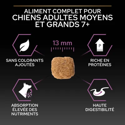 Aliment complet pour chiens adultes moyens et grands 7+, croquette 13 mm, sans colorants ajoutés, riche en protéines, absorption élevée des nutriments, haute digestibilité.