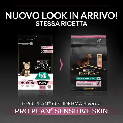 Nuovo look in arrivo! Stessa ricetta. PRO PLAN OPTIDERMA diventa PRO PLAN SENSITIVE SKIN. Immagine di due confezioni: Small & Mini Puppy Sensitive Skin.