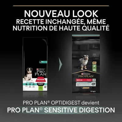 Nouveau look, recette inchangée. PRO PLAN OPTIDIGEST devient PRO PLAN SENSITIVE DIGESTION. Deux sacs de croquettes chiot medium visibles, ancienne et nouvelle version.