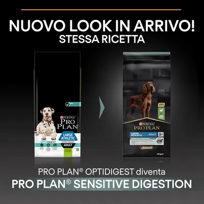 Nuovo look in arrivo, stessa ricetta. PRO PLAN OPTIDIGEST diventa PRO PLAN SENSITIVE DIGESTION. Immagine di due confezioni: vecchio e nuovo design per cani adulti Large Athletic.