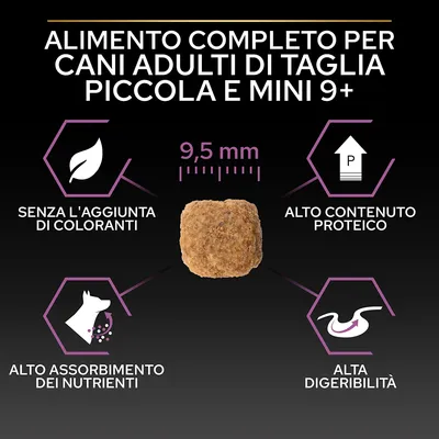 Alimento completo per cani adulti di taglia piccola e mini 9+, crocchetta 9,5 mm, senza l'aggiunta di coloranti, alto contenuto proteico, alto assorbimento dei nutrienti, alta digeribilità.