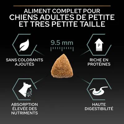 Aliment complet pour chiens adultes de petite et très petite taille, croquette 9,5 mm, sans colorants ajoutés, riche en protéines, absorption élevée des nutriments, haute digestibilité.