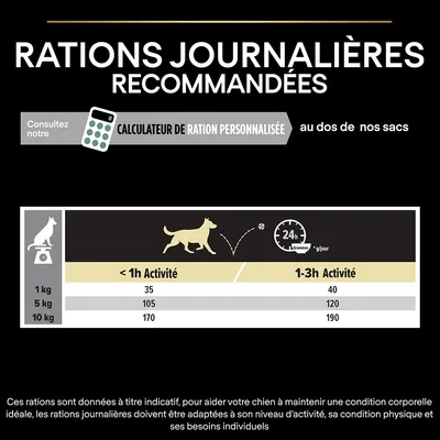 Tableau des rations journalières recommandées pour chiens : 1 kg 35–40 g, 5 kg 105–120 g, 10 kg 170–190 g selon activité <1h ou 1–3h. Calculateur de ration personnalisée mentionné.