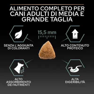 Alimento completo per cani adulti di media e grande taglia, crocchetta 15,5 mm, senza l'aggiunta di coloranti, alto contenuto proteico, alto assorbimento dei nutrienti, alta digeribilità.