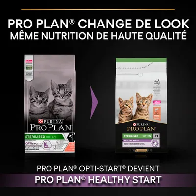 Changement de packaging : Purina Pro Plan Sterilised Kitten passe de Opti-Start à Healthy Start, même nutrition de haute qualité. Deux sacs avec chats visibles, ancien et nouveau design.