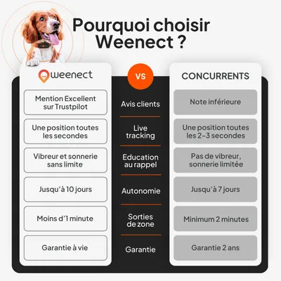Tableau comparatif : Weenect avec note Trustpilot, localisation chaque seconde, alerte vibration illimitée, jusqu’à 10 jours, garantie à vie vs. concurrents. Tableau comparatif : Weenect avec note Trustpilot, localisation chaque seconde, alerte vibration illimitée, jusqu’à 10 jours, garantie à vie vs. concurrents.