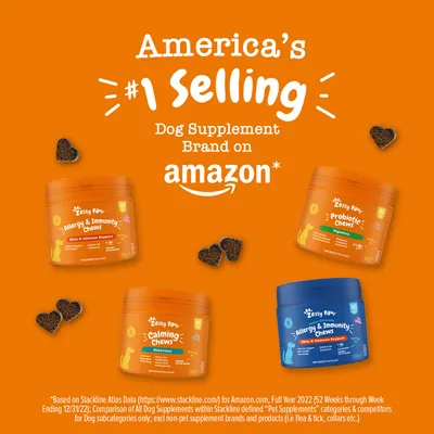 America's number one selling dog supplement brand on Amazon, showing Zesty Paws Allergy & Immunity Chews, Probiotic Chews, and Calming Chews containers with heart-shaped treats.