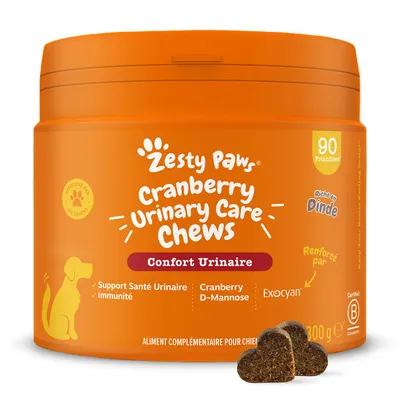 Zesty Paws Cranberry Urinary Care Chews, 90 friandises, confort urinaire, riche en dinde, support santé urinaire et immunité, cranberry, D-mannose, Exocyan, aliment complémentaire pour chiens