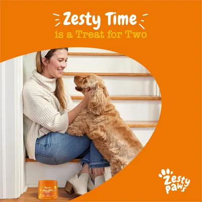 Zesty Paws márkájú kutyajutalomfalat narancssárga dobozban, mellette egy nő és egy kutya ül a lépcsőn. Felirat: Zesty Time is a Treat for Two.