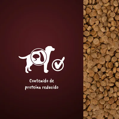 Contenido de proteína reducido. Imagen de croquetas para perros junto a icono de perro y símbolo de verificación.