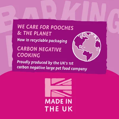 We care for pooches and the planet. Now in recyclable packaging. Carbon negative cooking, produced by the UK's first carbon negative large pet food company. Made in the UK.