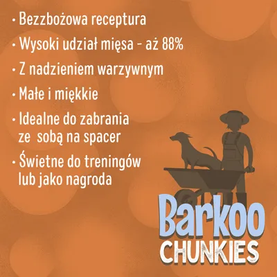 Bezzbożowa receptura, 88% mięsa, z nadzieniem warzywnym, małe i miękkie, idealne na spacer, świetne do treningów lub jako nagroda. Barkoo Chunkies.
