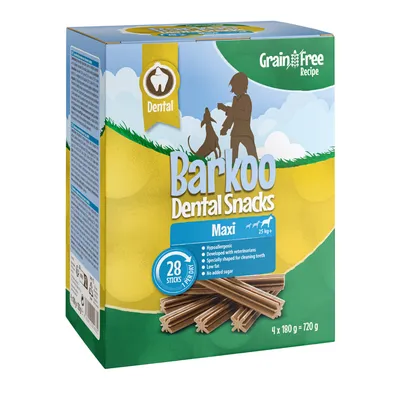 Barkoo Dental Snacks Maxi, hypoallergenic, developed with veterinarians, specially shaped for dental cleaning, low fat, no added sugar. 28 sticks, for dogs from 25 kg. Grain free recipe.