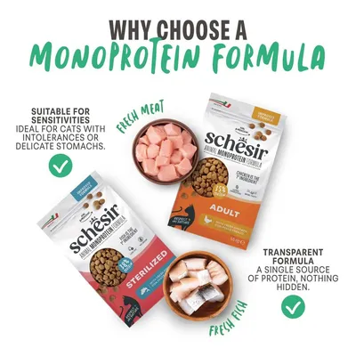 Schesir Animal Monoprotein Formula til katte, varianter Adult og Sterilized, med frisk kød eller fisk. Velegnet ved intolerancer, gennemsigtig opskrift med kun én proteinkilde. Schesir Animal Monoprotein Formula til katte, varianter Adult og Sterilized, med frisk kød eller fisk. Velegnet ved intolerancer, gennemsigtig opskrift med kun én proteinkilde.