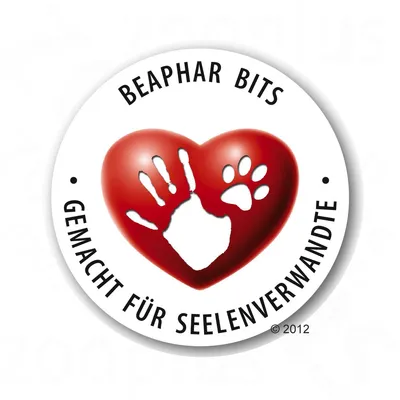Testo in tedesco: BEAPHAR BITS GEMACHT FÜR SEELENVERWANDTE, con mano e zampa su cuore rosso. Il testo non è disponibile altrove.