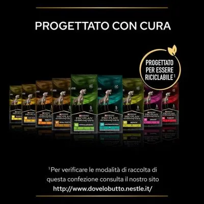 Purina Pro Plan Veterinary Diets, varie confezioni di cibo per cani. Testo: Progettato con cura, progettato per essere riciclabile. Sito: www.dovelobutto.nestle.it