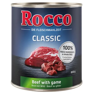 Classic beef with game, 100% fresh ingredients and grain-free, 800g tin. Contains visible text: Beef with game, Rind mit Wild, Bœuf au gibier.