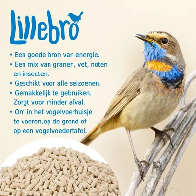 Lillebro. Een goede bron van energie. Een mix van granen, vet, noten en insecten. Geschikt voor alle seizoenen. Gemakkelijk te gebruiken. Zorgt voor minder afval. Om in het vogelvoerhuisje te voeren, op de grond of op een vogelvoedertafel.