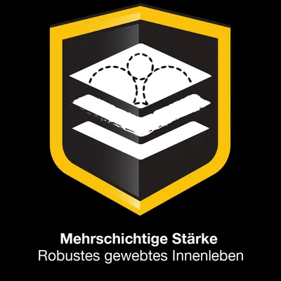 Mehrschichtige Stärke, Robustes gewebtes Innenleben (texte en allemand) sur un blason jaune et noir avec illustration de couches superposées.